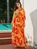 Женский плюс размером с апельсиновый принт kaftan вышивка v Neck Spot Split Beach Платье уютное домашнее одеяние для купальника прикрытие Q1621