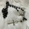 Pendant Necklaces Black Crystal Vampire Rosary Necklace Vampice Bat Ankh Long Cross For Men Women Gothic Occult Jewelry