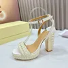 New High-Quality Female Platform Sandals Summer Pearl Decor Upper Patent Leather Material Women's Pumps One Strap Design Square Head High Heel Sandals