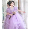 purple Princess Flower Girls Dresses for Weddings sequined Kids Formal Wear Beads Long Pageant Dress First Communion Dress little Girls Tulle Toddler Pageant gown