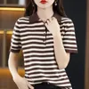 Tops Black Striped Clothing Red Tshirt Woman Short Sleeve Tee Polo Neck Shirts for Women Y2k Fashion Polyester Cotton Trend V 240409