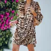 Robes décontractées Leopard Print mini robe d'automne motif A-Line Party Lady Lapel Shirt Femme Femme Vintage Long Manche drapée Robe