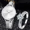 Women's Watches Luxury Women Watches 2022 Gold Silver Metal Armband Set Watch With Wedding Ring Gift Ladies Quartz Write Watch Relogio Feminino 240409