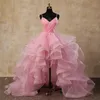 2024 Hot Fashion Pink Prom Pageant Jurk V-Neck High Low Lessed Short Front Long Back Ruffles Birthday Evening Party Jurken Robe de Soiree Vestidos de Gala