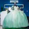 Light Green Off The Shoulder Quinceanera Dress Ball Gown Puffy Floral Applique Lace Beaded Tull Sweet 16 Year Vestidos 15 De XV Anos