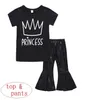 Girl Crown Print 2pcs Set Summer Cotton Black Tops Baby Pu Leather Bellbottom Pantalon Princess Letter Print 15T5916948