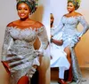 2021 Plus Size Arabic Aso Ebi Silver Lace Pärlade balklänningar Sheer Neck Mermaid Sexig Evening Formal Party Second Reception Gowns 9264000