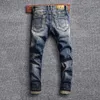 Jeans masculin style italien mode jeans rétro bleu bleu élastique mince jeans hommes patchwork vintage designer décontracté stretch denim pantalon t240409