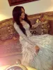 Bling Paillettenseite Split -Abschlussballkleider mit Federzug schiere Juwel Langarm Abendkleider Sweep Train Mermaid Prom Kleid