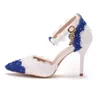 Zapatos de vestir Crystal Queen Women Sandals Heats High Blue Blue Lace Boda Parlas de flores de punta puntiaguda H240409 RXZ3
