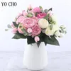 Decoratieve bloemen 30 cm ROSE PINK SILK POETEN KUNSTMIDDELIJKE BOUQUET 5 Big Head 4 Bud Fake Bloem voor huisbruiloft Kerstdecoratie