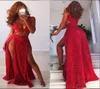 Kırmızı Pullu V Boyun Seksi Siyah Kızlar Prom Elbiseler Uzun Bölünmüş Ön Afrika Akşam Resmi Elbiseler 2019 Vestidos de Fiesta7891116