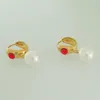 Dangle Earrings Foromance/ RED CZ STONE EARRING WITH SIMULATED PEARL DROP DANGLING PART YELLOW GOLD COLOR HUGGIE HOOP TALL 27MM 1.06"