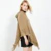 Vrouwen winter warm gebreide capuchon poncho cape massieve kleur haakjes franjes tassel sjaal wrap oversized pullover mantel trui top