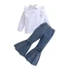 Set di abbigliamento set di ragazze per bambini cadute di caduta a colori solidi camicie a maniche lunghe con filo di jeans pantaloni denim 2 pcs set