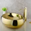 Jieni polerat guld badrum keramisk bassäng sjunka gyllene pläterade massivt mässing kran kranuppsättning skålfartyg tvättställe handfat med popavlopp