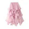Kjolar Qooth Women Asymmetrical Tulle Ball Gown Kjol Elegant High midje Fairy Mesh A-Line för våren Summer QT2126