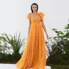 فساتين غير رسمية متواضعة في الصيف الذهب A-line tulle Women Maxi Bow Straps Long Female Tutu Robe Dons