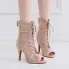 Dance Shoes Woman Beige Flannel Mesh Latin Booties Suede Leather Ballroom Jazz Women Lace Up Ankle High Heel Boots