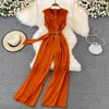 Summer Women Vneck Chiffon Jumpsuits With Belt Office Ladies Retro Rompers Straight Pants Overalls Playsuits Jumpsuit 240409