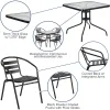 5-delige patio dinerset met 31,5 "vierkante glazen metalen tafel en 4 stapelbare lat achterstoelen tuinmeubels set zwart buiten