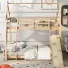 가드 레일, 등산물, 등산 경사로 및 ​​튼튼한 소나무 프레임, 장난스러운 디자인 아이 벙크 침대가있는 퀸 하우스 이층 침대