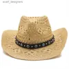 Breda randen hattar hink hattar män halm western cowboy hatt hand gjord strand filt sunhats party cap för man kvinna curling brim cap sun skydd unisex hattar y240409