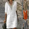 Casual Dresses 2024 European och American Spring/Summer Solid Color V-Neck Middle Sleeve Cotton Elegant Dress for Women YBF4-3