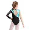 Stage Wear Gymnastics Jumpsuit For Figure Skating Ballet Dancewear Kids Girls Mesh Long Sleeve Keyhole Back Metallic Dance Leotards