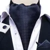 Design Men Silk Cravat Navy Dot Formell Ascot Tie Handkupor Set With Ring Wedding Selfathi Dibangu240409