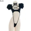 AniLV Anime Student Puff Sleeve Black One-piece Swimsuit Costume Cross Straps Bodysuit Swimwear Uniform Pool Party Cosplay