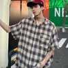 Herren lässige Hemden Mann Hemd Trasel Edge Schaden Design Plaid kurzärmelige Männer trendy lose japanische Sommerhälfte