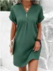 Womens V-neck Solid Color Pullover Comfortable Casual Button Dress