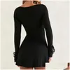 Basic Casual Dresses Soft Dress Trendy Womens Square Neck Mini Slim Fit High Waist Long Sleeve Split Hem Solid Color For Spring Fall D Dhmy1