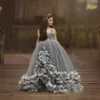 Vestidos lindos de flor cinza para meninas para casamento tule tulle princesa crianças vestidos de comunhão formal com flores 3d vestido de concurso de garotinha