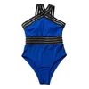 Women's Swimwear One-piece Swimsuit Stylish Mesh Splicing Monokini For Women High Waist S-shaped With Halter Neck Sexy Hollow