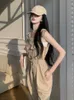 Frühlings Sommer Mode Khaki hohe Taille ärmellose Weitbein Jumpsuit Lose Knopf Straight Gurt Long Pant Casual 240409