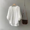 Women's Blouses White Shirts Women 2024 Spring Lantern Sleeve Korean Simple Loose Round Neck Urban Style Female Khaki Pleated Layer Tops