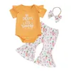 Ensembles de vêtements pour bébés filles tenue d'été lettres à manches courtes avec un pantalon de poussière de fraise et un bandeau à bowknot Pâques