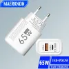 65W Gan Charger USB C Type de charge rapide C PD PD CHARGEUR QUIQUEMENT 3.0 Adaptateur mural pour l'iPhone Xiaomi Samsung OnePlus Poco EU / US PLIG