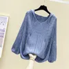 여성 스웨터 이른 봄 후드 탑 중공 중간 소매 얇은 니트 셔츠 느슨한 패션 스록 2024