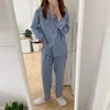 Home Clothing Alien Kitty süßer schöner Herbst Frisch blauer Wellenpunkt Freizeit Lose Damen 2024 Langarm Hosen tragen Pyjama -Set