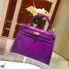 Handbag Crocodile Leather 7A Quality Genuine Handswen 25cm brand women totes real purple color stitching wax lineZPCN