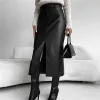 Office Ladies Pu Midi Skirt Womens مستقيمة فو ، تنورة طويلة من الجلد مع شق