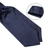 Design Men Silk Cravat Navy Dot Formell Ascot Tie Handkupor Set With Ring Wedding Selfathi Dibangu240409