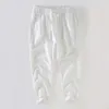 男性用のプレミアムで薄い通気性リネンパンツ、ゆるくてストレートチューブリネン白いズボン、フリルとハンサムな綿リネンカジュアルクロップドパンツ