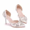 Обувь обувь Crystal Queen White Custom Ponited Head Diamond Decorate неглубокая кожаная кожа элегантная 7 см. Сандалии высотой невесты Свадьба H240409