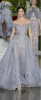 Zuhair Murad Dust Gray Avonds Jurken over Skirt kant Shiny Off Shoulder volledige lengte prom jurk met afneembare trein gelegenheid feestjurken