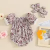 Kledingsets Baby Girl bloemenprint RUFFE ROMPER Zomeroutfit Puff met korte mouw Bodysuit Off Shoulder Jumpsuit Shorts Hoofdbanden