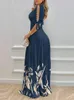 Feestjurken elegante dames zomer mode split mouw parels decor planten print casual v-neck half maxi jurk